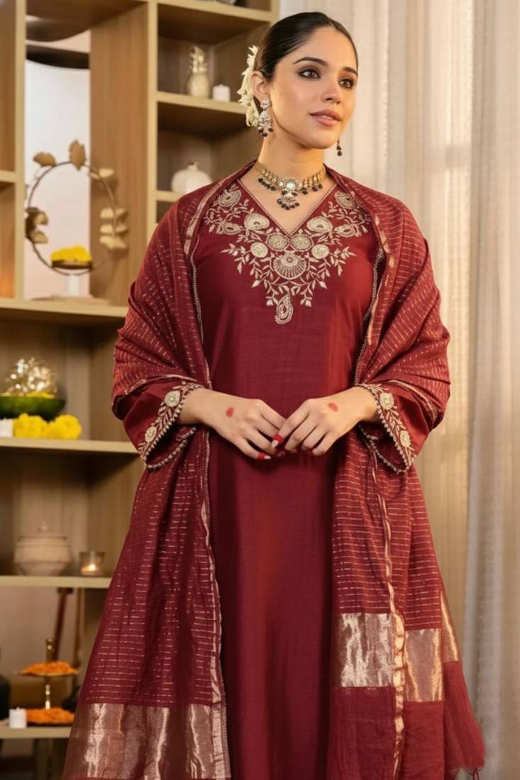 Maroon silk blend embroidered kurta set