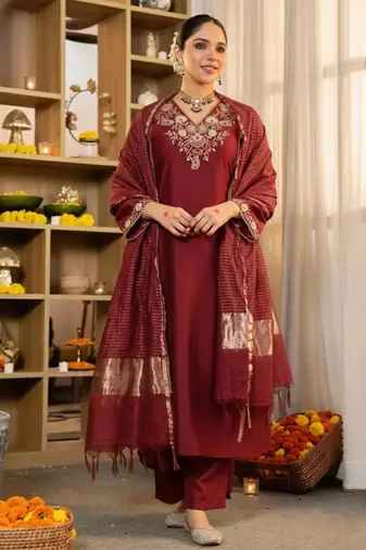 Maroon silk blend embroidered kurta set