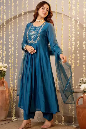 Dark-teal silk blend embroidered kurta set