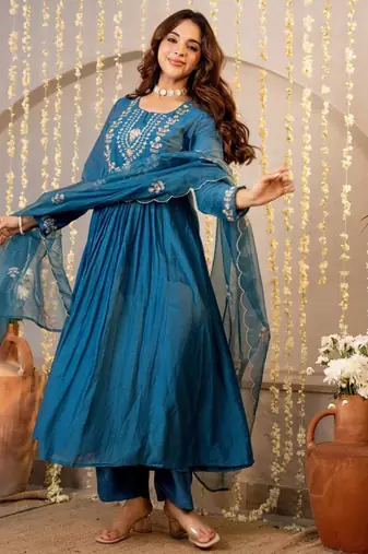 Dark-teal silk blend embroidered kurta set