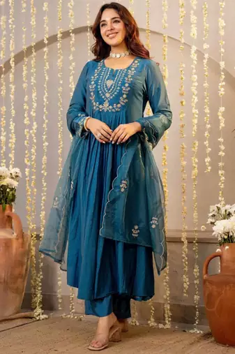 Dark-teal silk blend embroidered kurta set