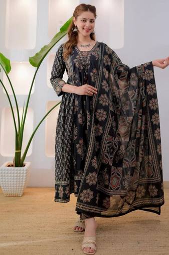 Black viscose printed kurta set
