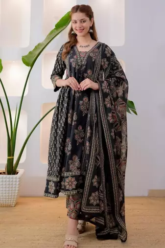 Black viscose printed kurta set