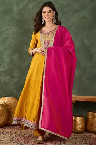 Mustard silk blend embroidered anarkali set