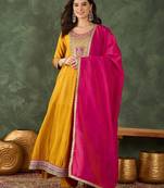 Mustard silk blend embroidered anarkali set