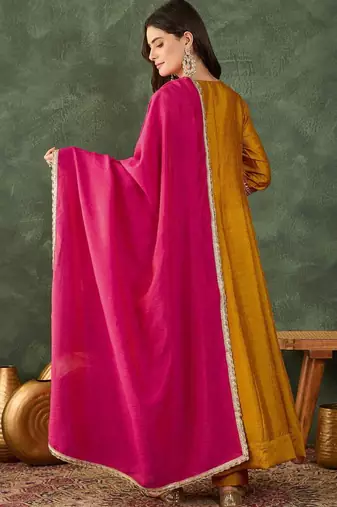 Mustard silk blend embroidered anarkali set