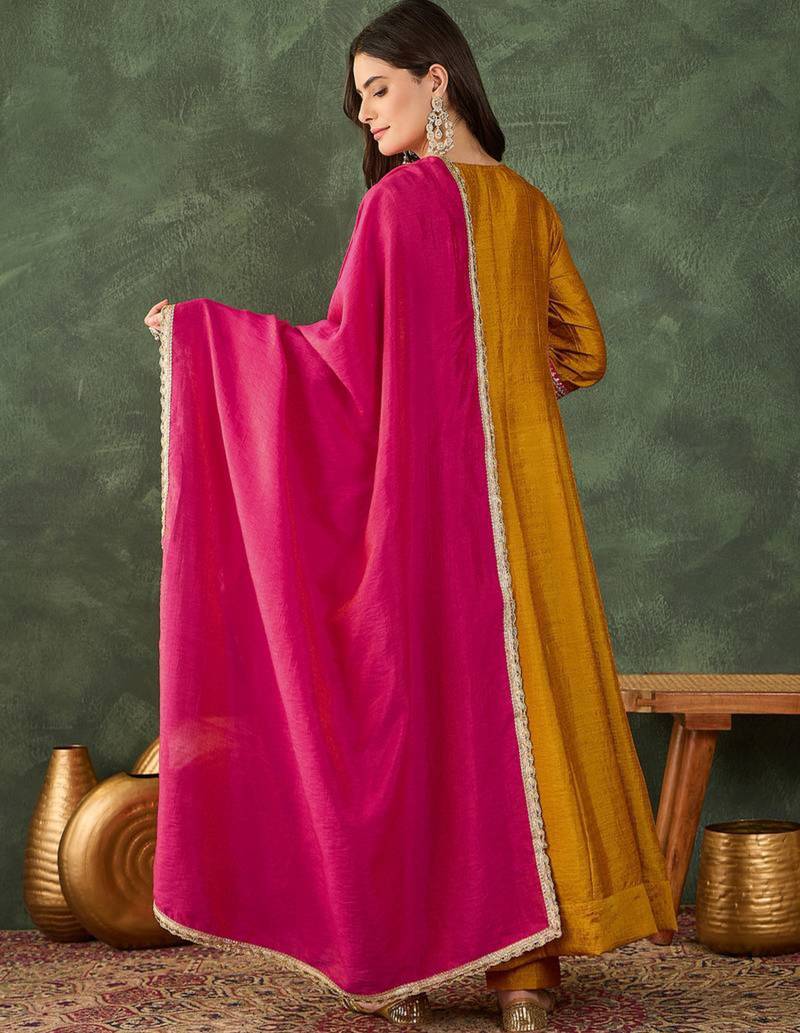 Mustard silk blend embroidered anarkali set