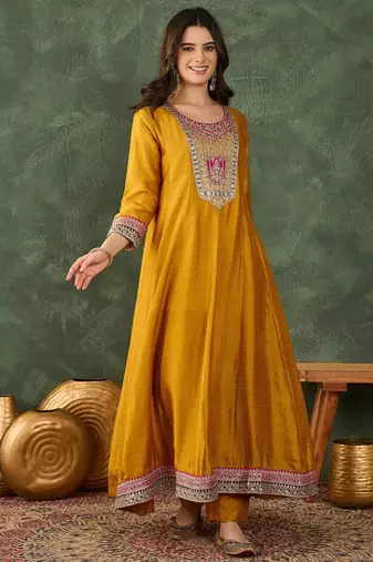 Mustard silk blend embroidered anarkali set