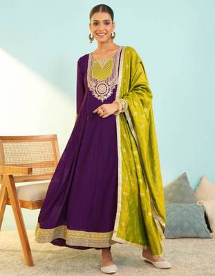 Wine silk blend embroidered anarkali set 1
