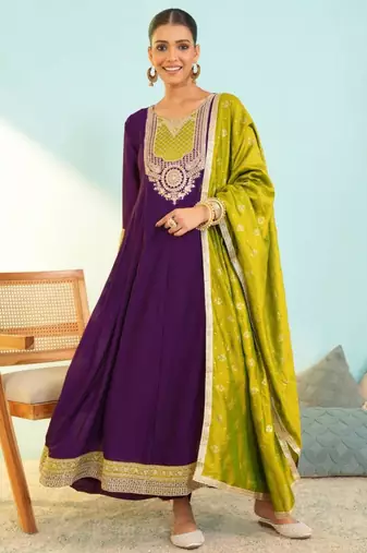 Wine silk blend embroidered anarkali set