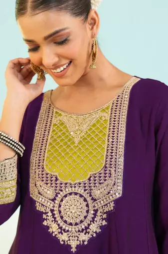 Wine silk blend embroidered anarkali set