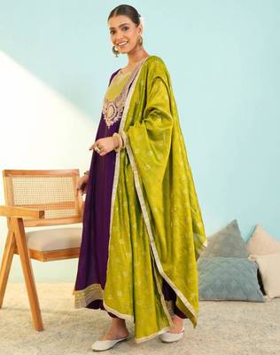 Wine silk blend embroidered anarkali set 3