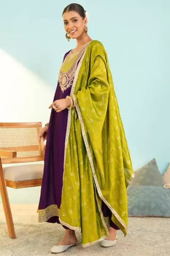 Wine silk blend embroidered anarkali set