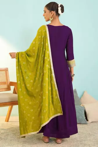 Wine silk blend embroidered anarkali set
