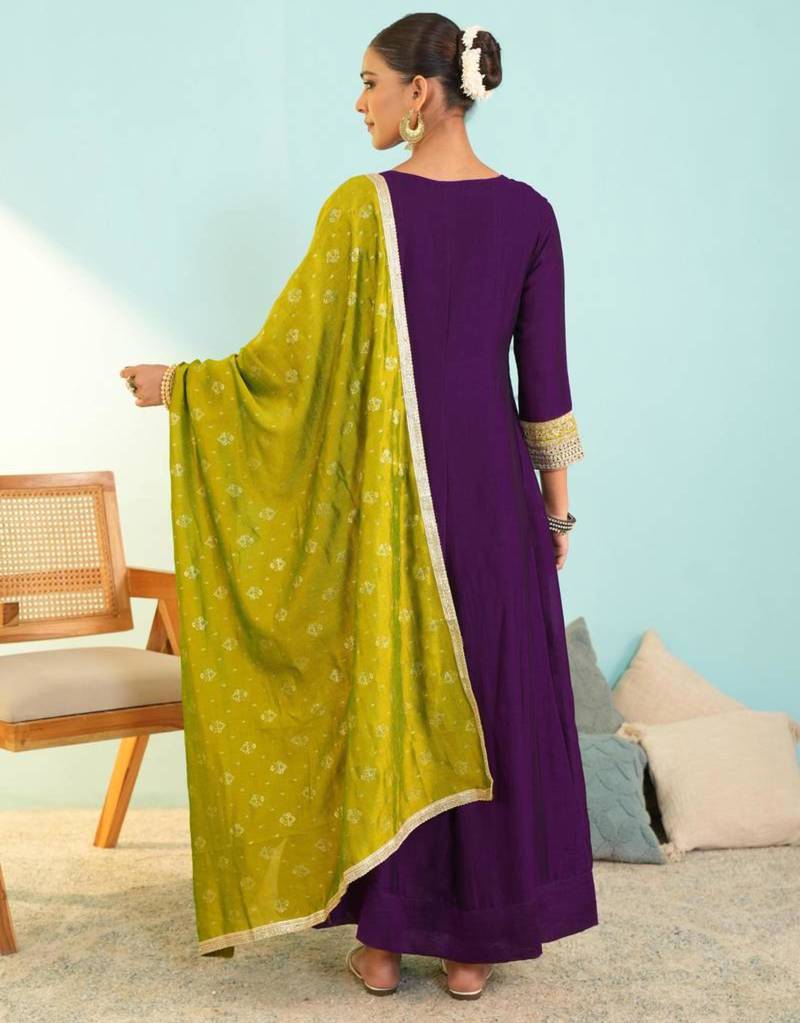 Wine silk blend embroidered anarkali set