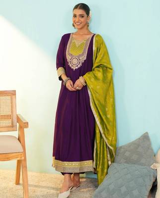 Wine silk blend embroidered anarkali set 5
