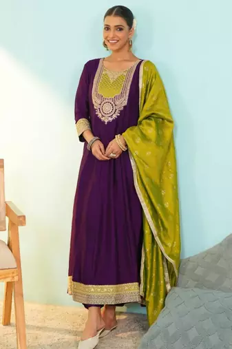 Wine silk blend embroidered anarkali set