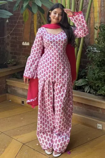 White cotton poly printed farshi salwar set