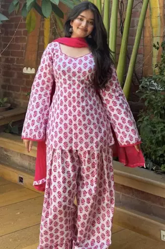 White cotton poly printed farshi salwar set