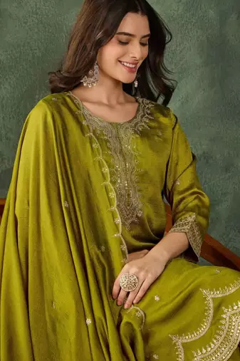 Green silk blend embroidered palazzo set