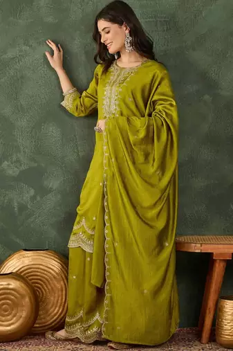 Green silk blend embroidered palazzo set