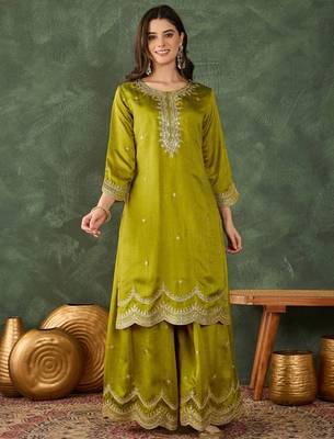 Green silk blend embroidered palazzo set 5