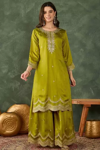Green silk blend embroidered palazzo set