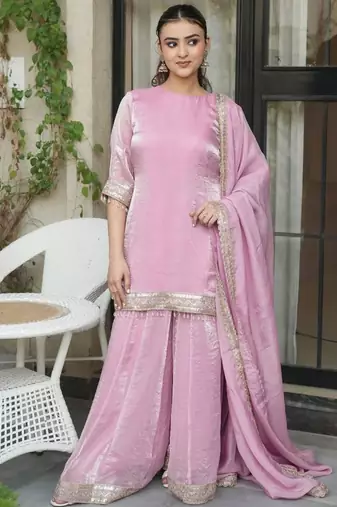 Pink satin embroidered sharara set