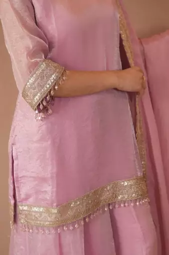 Pink satin embroidered sharara set