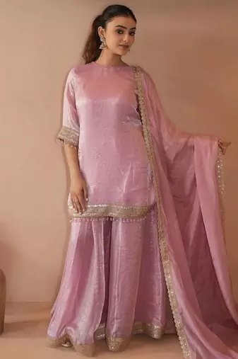 Pink satin embroidered sharara set