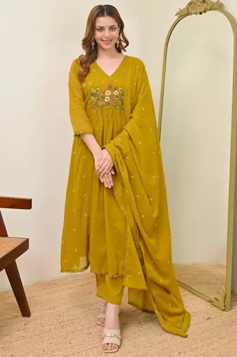 Mustard chanderi embroidered kurta set