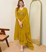 Mustard chanderi embroidered kurta set