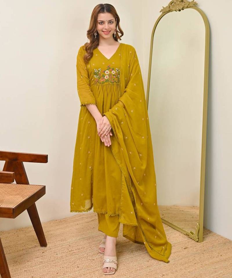 Mustard chanderi embroidered kurta set