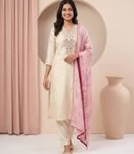 White silk blend embroidered kurta set