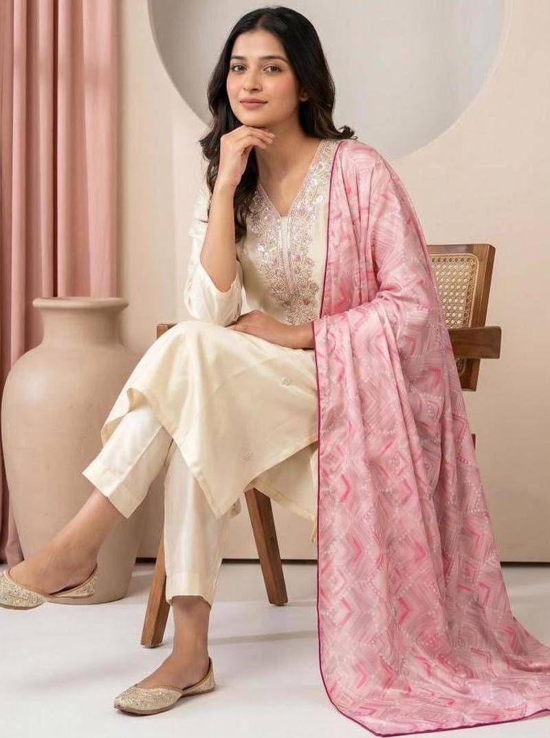 White silk blend embroidered kurta set