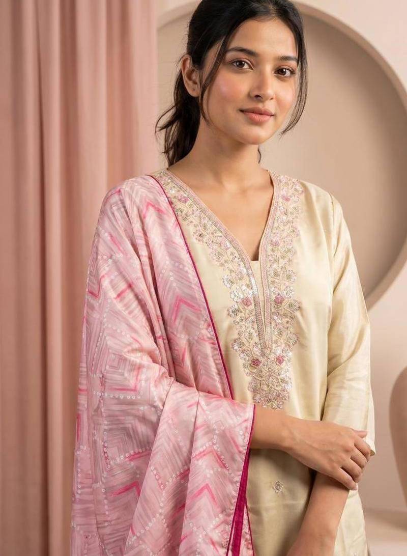 White silk blend embroidered kurta set