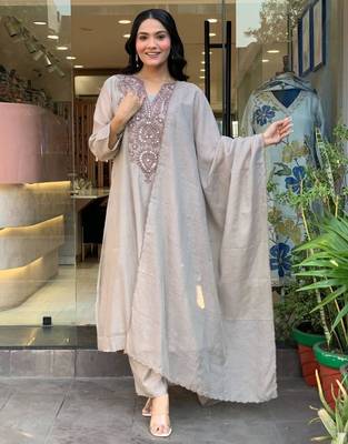Grey cotton poly embroidered kurta set 2