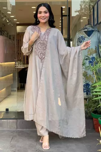 Grey cotton poly embroidered kurta set