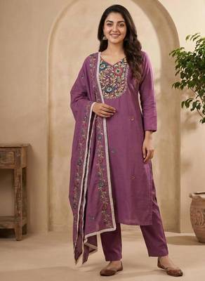 Purple rayon embroidered kurta set 1