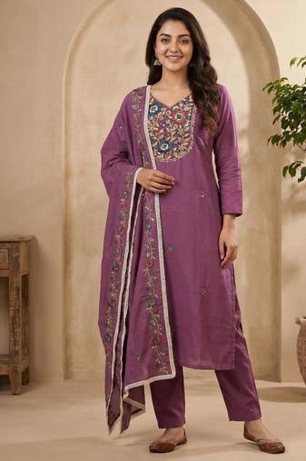 Purple rayon embroidered kurta set