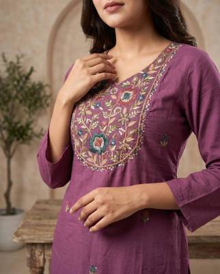 Purple rayon embroidered kurta set 2