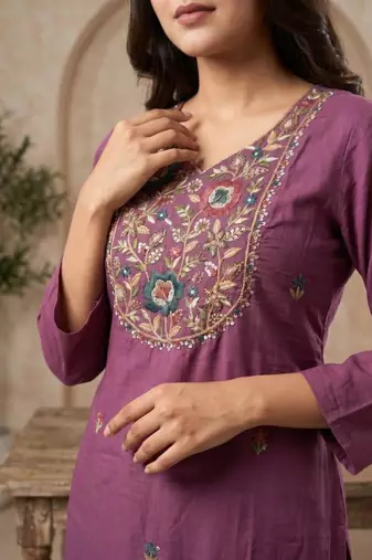 Purple rayon embroidered kurta set