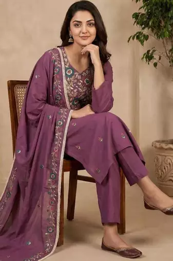Purple rayon embroidered kurta set