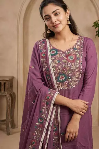 Purple rayon embroidered kurta set