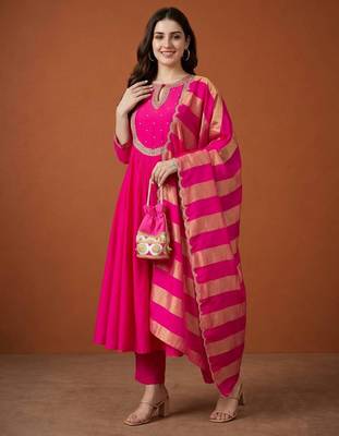 Rani-pink chanderi embroidered kurta set 1