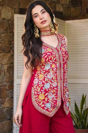 Red georgette embroidered sharara set