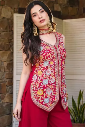 Red georgette embroidered sharara set