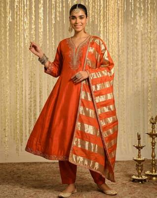 Orange silk blend embroidered anarkali set 1