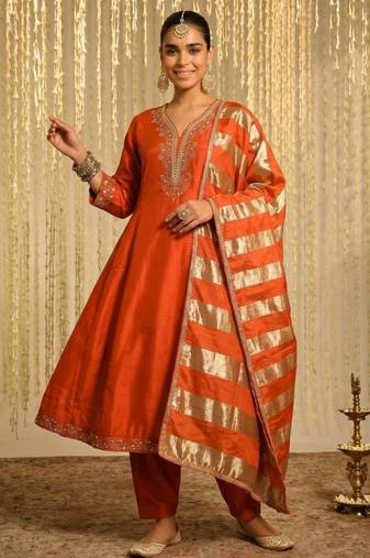 Orange silk blend embroidered anarkali set