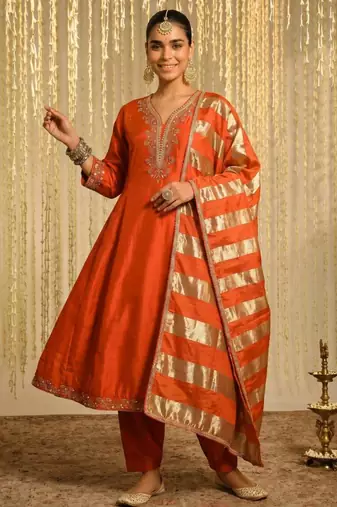 Orange silk blend embroidered anarkali set